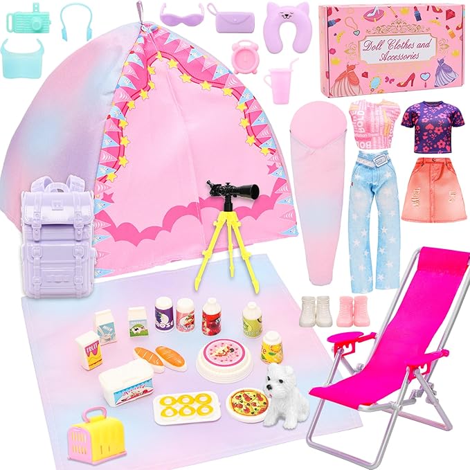 34 Pcs Doll Travel Camping Tent Playset for 11.5 Inch Girl Dolls Includes Clothes, Tent, Telescope, Backpack, Sleeping Bag & Other Camping Accessories for Dolls Travel Camping Toy Set（NO Doll）
