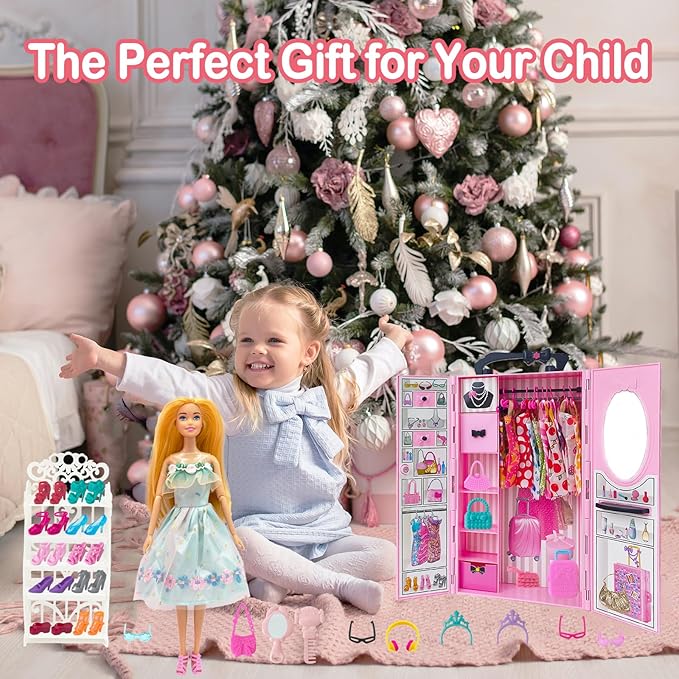122 Pcs Doll Closet Playset with 11.5 Inch Dolls, Clothes and Accessories, Include Princess Dresses Shoes Bags Hangers Shoes Rack Doll Other Accessories, Dress Up Toys for Girls, Kids, Toddlers (Pink)
