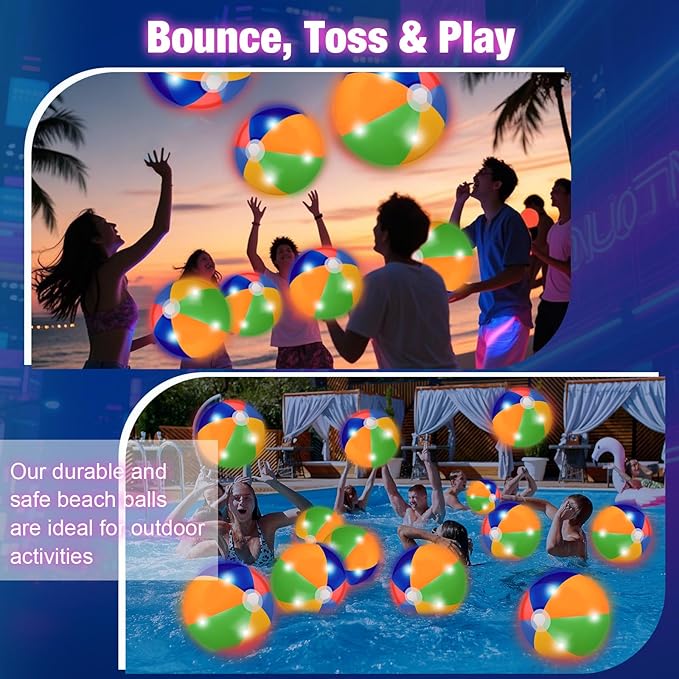 4 Pcs Light up Beach Balls 16'' Jumbo Pool LED Balls Glow in the Dark Neon Giant Inflatable for Summer Hawaiian Tropical Theme Beach Party Decor Water Accessory (Multicolor)