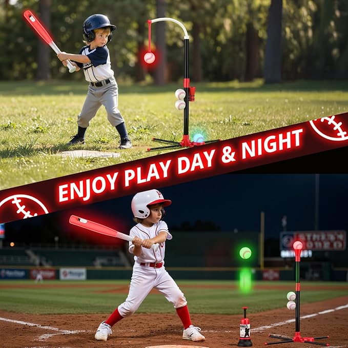 3-in-1 LED T Ball Set for Kids, Adjustable Height, Hanging Tee Ball Set with Baseball Launcher/4 Softballs/Light Up Bat, TBall Stand Sport Toys, Baseball Gifts for Boys Girls Age 3-5