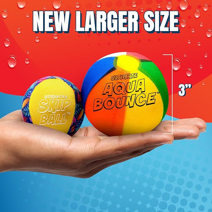Activ Life Ultimate 2 Pack Larger 3” Water Skip Balls - Bouncing Balls for Swimming Pool & Beach Fun - Designs Include Baseball, Basketball, Volleyball, and Tennis for Kids, Friends, and Family