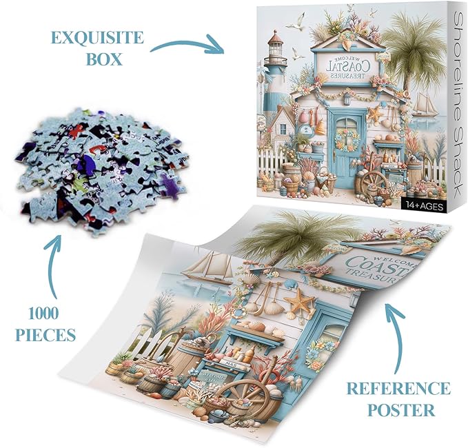 Beach Cottage Scene for Adults 1000 Piece, Ocean Seaside Cabin Jigsaw Puzzle, Lighthouse Seashell Collection Puzzle