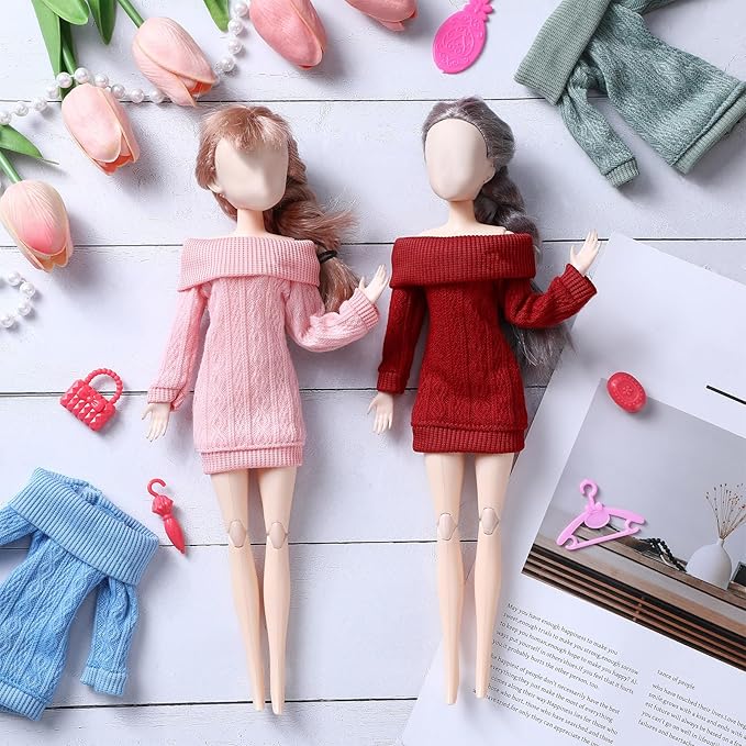 Fourluoo 6 Pcs Winter Doll Clothes 11.8 Inch Fashion Doll Sweater Outfits Sweet Accessories for Xmas Party Birthday Gifts(Green, Black, Red, Blue, Dark Gray, Light Pink)