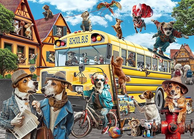 Puzzles for Adults 500 Pieces, Pet School Bus 500 Piece Puzzle Family Game Funny Dog Jigsaw Puzzles
