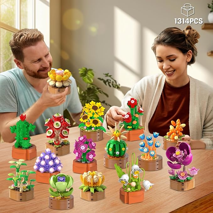 15 Pack Flowers Plants Mini Building Set - 1314PCS 3.6MM Flower Succulents Botanical Collection Block Toy for Home Office Décor, Easter Birthday Gifts for Adults Women Boys Girls 10+