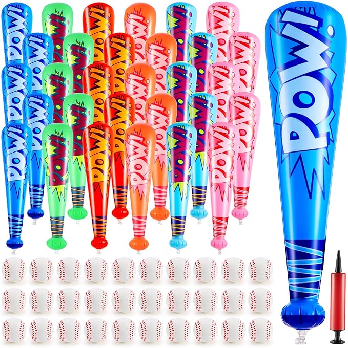Seematn 18 Sets Inflatable Baseball Bats and Baseballs Set Includes 17 Inch Pow Inflatable Baseball Bats and 2.5 Inch Mini Foam Baseballs for Sports Party Favor Carnival Birthday (Bright Colors)