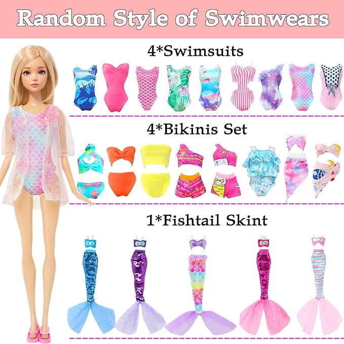 40 Psc Doll Swimsuits Set, Bikini Clothes and Accessories for 11.5 inch Girl Doll Beach Bathing Outfits, Fishtail Skirt, Beach Chair, Skateboard, 10 Pairs Shoes, Diving Suit and More