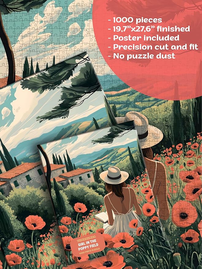 Puzzle for Adults 1000 Pieces, Art Jigsaw Puzzles, Colorfull Landscape Puzzles Girl in The Poppy Field, Mate Finish, Poster Included 1000 piece Puzzle for Adults.