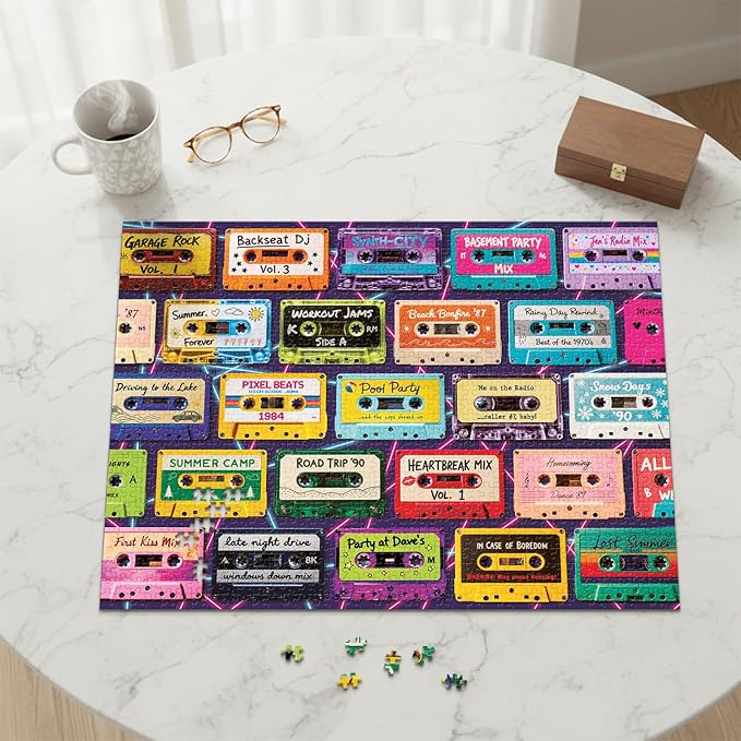 Mixtape Memories (No. 16) – 1000 Piece Retro Jigsaw Puzzle for Adults | Printed in USA | Satin Low-Glare Finish | Random Ribbon Cut | Bonus Poster | Premium Display-Worthy Box | Final Piece Puzzles