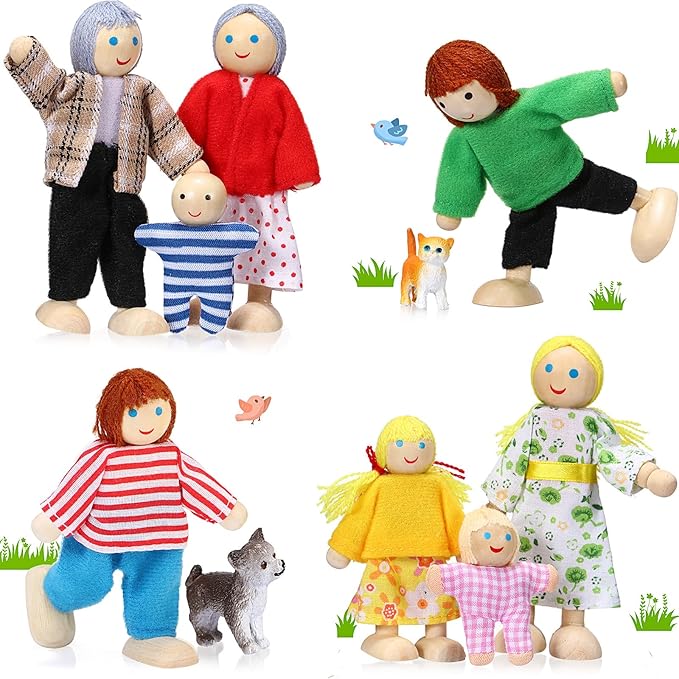 Skylety 10 Pcs Wooden Dollhouse Set of Mini People Figures Dollhouse Dolls Wooden Doll Play Figures Accessories(Bright Style)