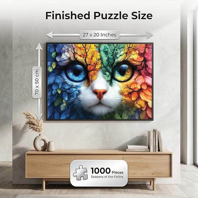 Seasons of The Feline 1000 Piece Jigsaw Puzzle, Four Seasons Cat Art Puzzle for Adults, Vibrant Colors, Premium Magnetic Box & Poster, Challenging Puzzle Gift for Cat & Nature Lovers