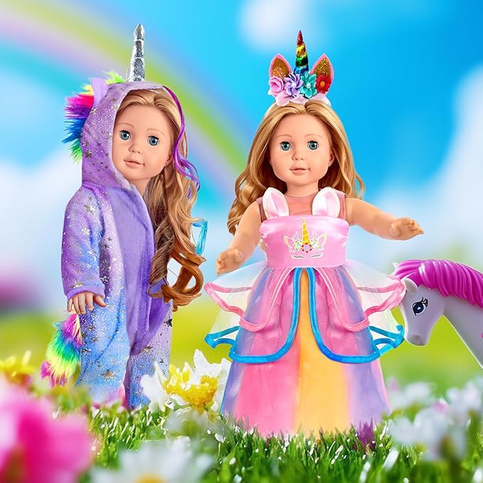 WONDOLL American 2-Sets 18-inch Doll Clothes Set - Amazing Rainbow Unicorn Clothes with Hair Clip and Headband - Compatible with All 18 inch Dolls Accessories Gifts for Kids -Purple（no Doll）