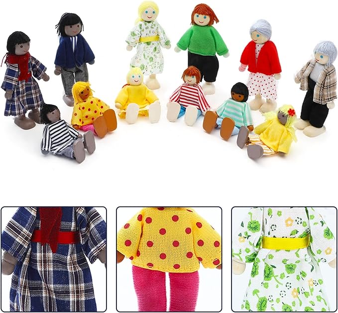 ONEST 23 Pieces Wooden Dollhouse Family Set Mini People Figures Dollhouse Dolls Wooden Doll Family Pretend Play Figures Accessories for Pretend Doll House Toy