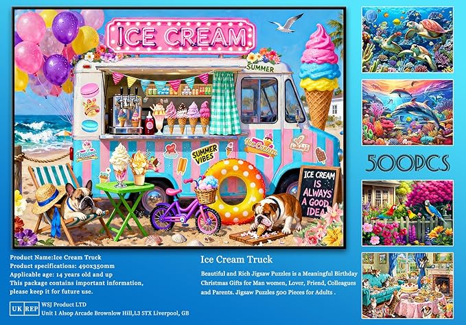 500 Piece Jigsaw Puzzle for Adults - Beach Ice Cream Truck with Cute Bulldogs Jigsaw Puzzles 500 Pieces Puzzles for Adults Finished Size 19.3“ x 13.7”