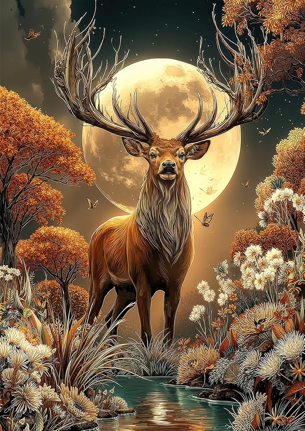 Majestic Moonlit Stag 1000 Piece Puzzle for Adults - Autumn Forest Wildlife Art, Tranquil Stream Scene, Poster & Lettered Back, 20"x28" HD, Gift for Nature Lovers