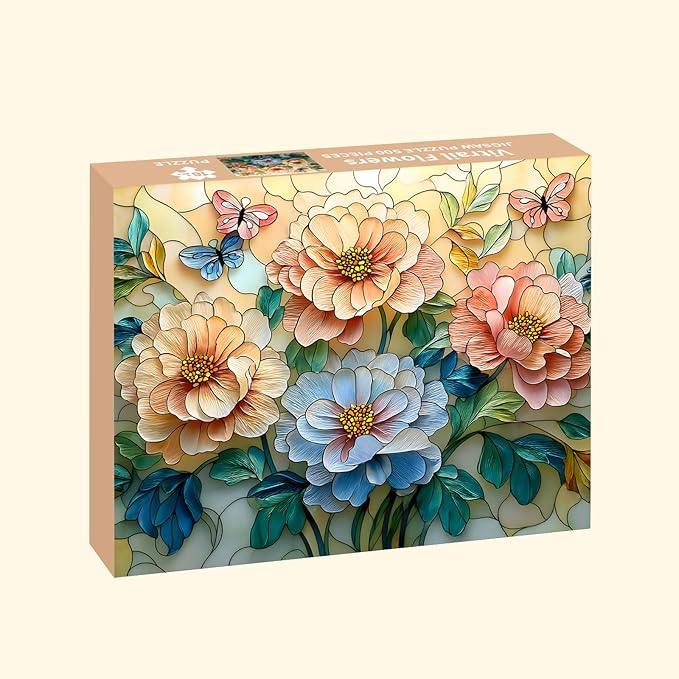 Puzzles for Adults 500 Pieces, Stained Glass Jigsaw Puzzles - Vitrail Flowers, Impossible Flower Puzzles for Seniors Family, 20.47x14.96 inches, 1:1 Poster, Letter on The Back