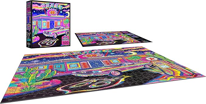 RoseArt - Neon Brights - Route 66 Night - 500 Piece Jigsaw Puzzle for Adults, Neon Retro Landscape