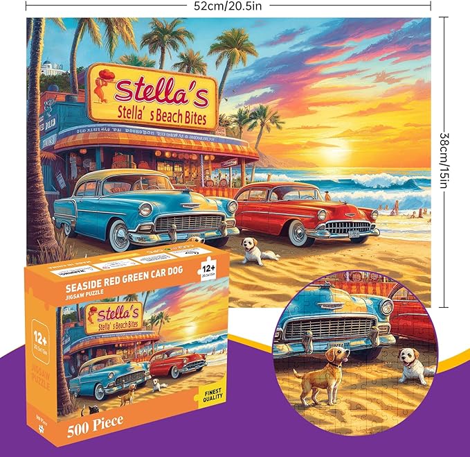 500 Piece Beach Vintage Truck Jigsaw Puzzle for Adults, Summer Sunset Surf Puzzle, Dog Puzzles for Adults 500 Pieces, Home Decor Birthday Party Gift for Men Women Elders, 20.5 x 15 in