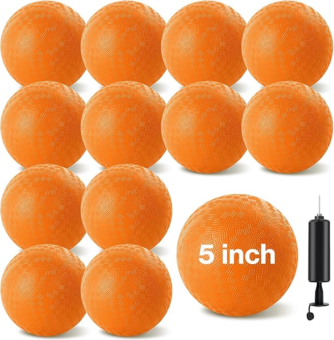 12 Pack Dodgeballs 5 Inch Playground Ball Kickball Orange Inflatable Rubber Handball Bouncy Dodge Ball with 1 Hand Pump for Outdoors Ball Games Gym Camps Picnic