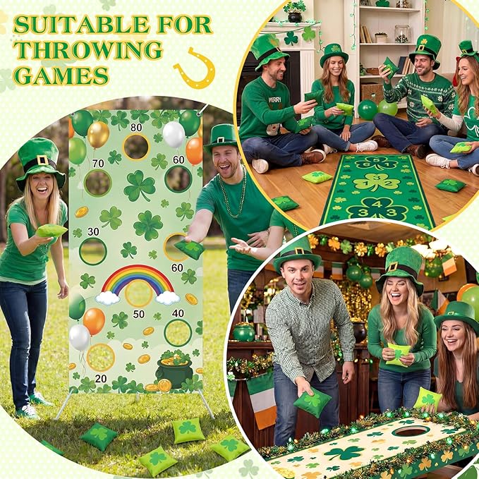 Soulchen 12 Pack St Patricks Day Bean Bags Toss Game Green Shamrock Cornhole Bag St Patricks Tossing Game Gifts Irish Party Favors for Holiday Outdoor Indoor Yard Hand Throwing Supplies