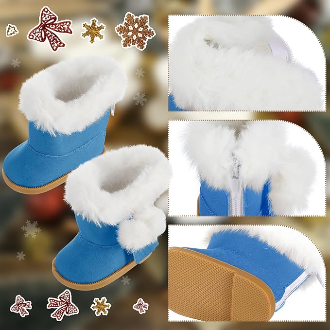 Bencailor 3 Pairs Doll Shoes 18 Inch Doll Boots Winter Dolls Snow Boots Christmas Accessories for Dress up(Blue White Rose Red)