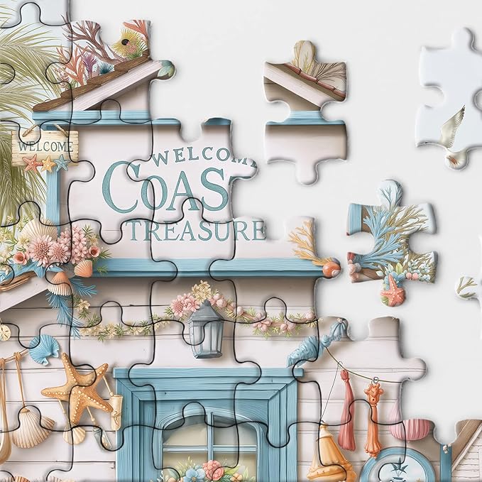 Beach Cottage Scene for Adults 1000 Piece, Ocean Seaside Cabin Jigsaw Puzzle, Lighthouse Seashell Collection Puzzle