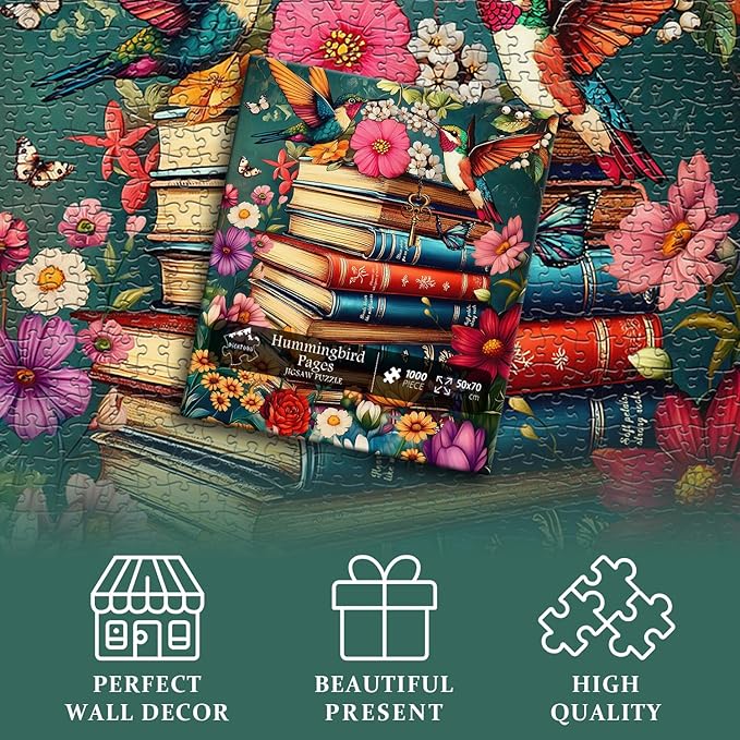 PICKFORU Wildflower Pages Jigsaw Puzzle for Adults, Hummingbird Vintage Book Puzzles, Retro Plant Flower Puzzle 1000 Pieces