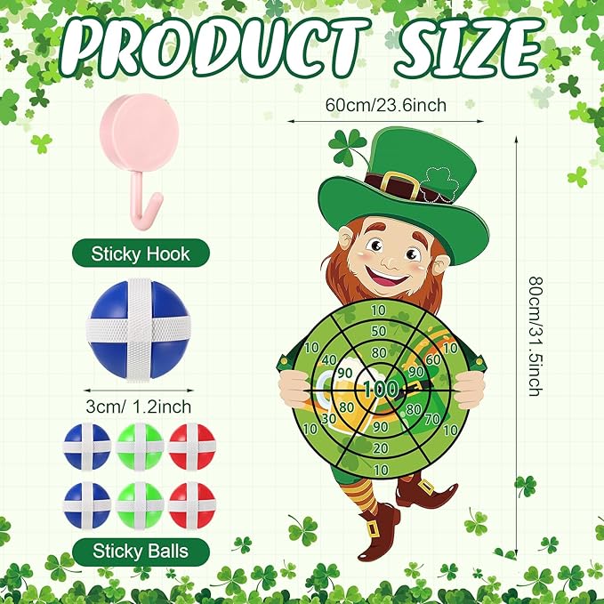 St Patricks Day Games Set Large 23.6 x 31.5in Dart Board Games with 6 Sticky Balls Irish Party for Adults St' Patricks Day Party Throwing Indoor Outdoor Yard Toss(Shamrock)