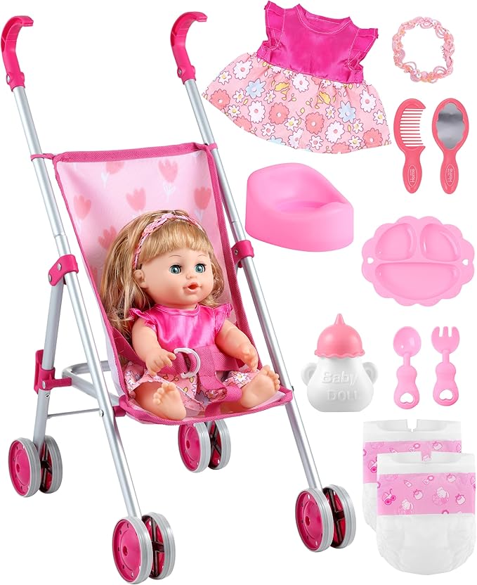 GAGAKU Baby Doll Stroller Playset with 12-inch Doll & Accessories, Foldable Lightweight Toy Stroller for Toddler Girls Kids Ages 1-6, 12" Baby Doll and Accessories Included - Tulip Pattern