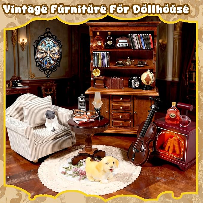 1：12 Scale Miniature House Furniture Set Classic Mini Furniture Sofa Set with Pillows Mini Couch Carpet Wooden Furnitures Bookshelf Desk Chair Living Room Scene Decor