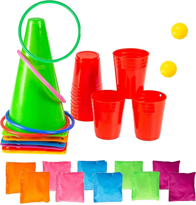Play Platoon 38 Piece Carnival Games for Kids - Indoor Obstacle Backyard Course, Bean Bag Toss, Ring Toss, Cones, Cups, Games for Kids, Family Party Outdoor Inside
