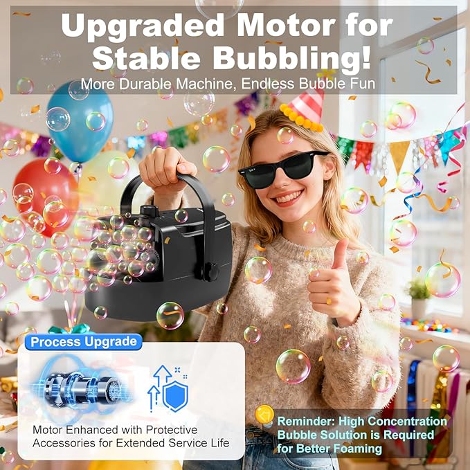 Bubble Machine Durable Automatic Bubble Blower, 18000+ Big Bubbles Per Minute Bubbles for Kids Toddlers Bubble Maker Operated by Plugin or Batteries Bubble Toys for Indoor Outdoor Birthday Party