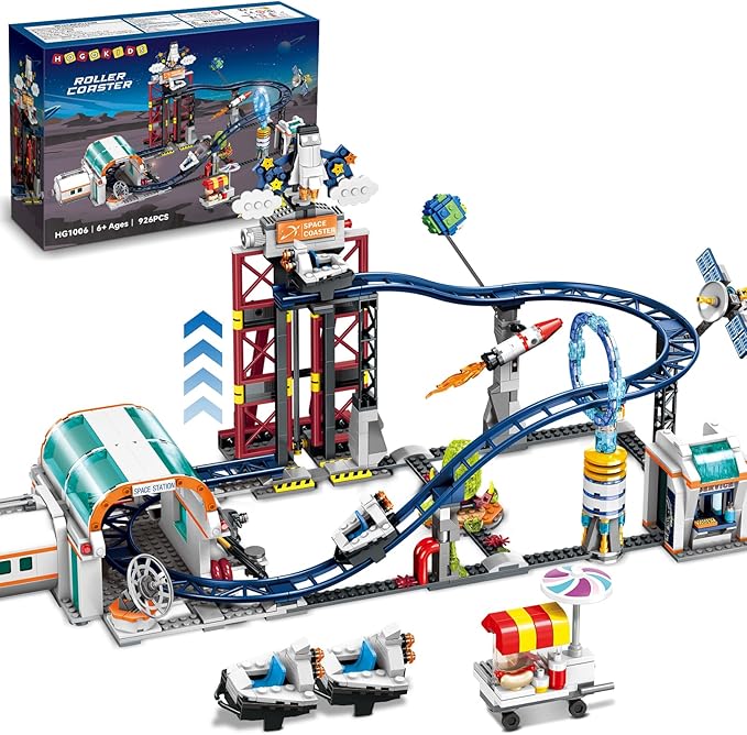 HOGOKIDS Space Roller Coaster Building Toy 926PCS Coaster Building Set Features Lift Platform, Satellites, Rocket Buildable Space Rollercoaster Adventure Park for Adults Kids Girl Boy Ages 6+years old