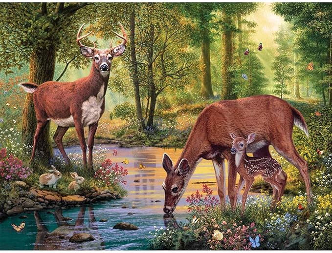 Bits and Pieces Woodland Stream Jigsaw Puzzle by Steve Read — Available in 50/100/200/300/500/1000 pcs — 15"×19", 18"×24", 20"×27" — Random Die-Cut, Nature/Deer/Stream Art (300 Piece Puzzle)