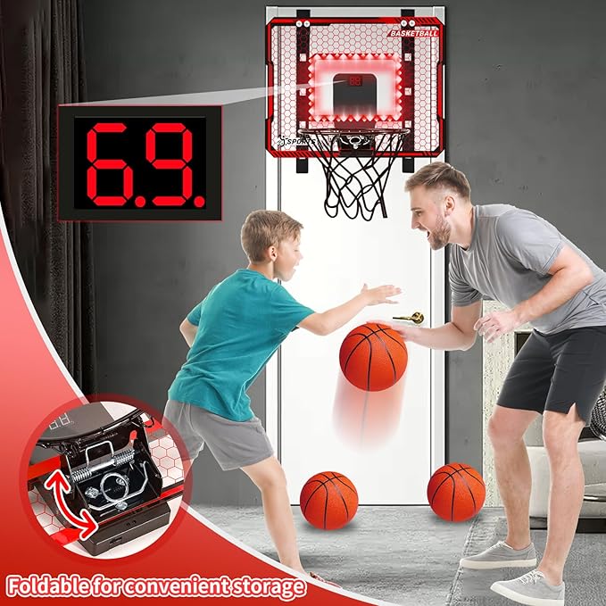 Adjustable Height Basketball Hoop Indoor with LED Lights, Basketball Toys Gifts for 5 6 7 8 9 10+ Year Old Boys Kids, Indoor Over The Door Mini Basketball Hoops with Electronic Scoreboard & 3 Balls
