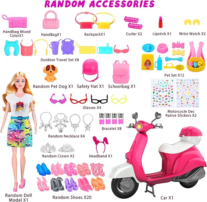 MINIFUN 75 Pcs Doll Scooter Set, Doll Clothes and Accessories, Doll Playset Dress up Toys for Girls Kids Toddlers, Gift Toys for Age 3 4 5 6 7 8