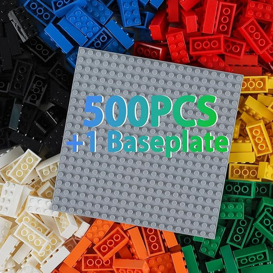500 Piece Classic Building Bricks and 1 Gray Baseplate, 2x4 Bricks Bulk Creative Building Toys, Blocks Bulk for Kids Ages 6+, 7 Colors(Samll Bricks, 1.25x0.62x0.47 in)