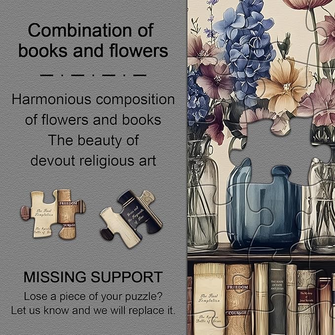 Retro Wildflowers Puzzles for Adults 1000 Pieces, PICKFORU Christian Jesus Floral Book Pages Religious Jigsaw Puzzle, Impossible Challenging Vintage Bookshelf Puzzles as Art Decor