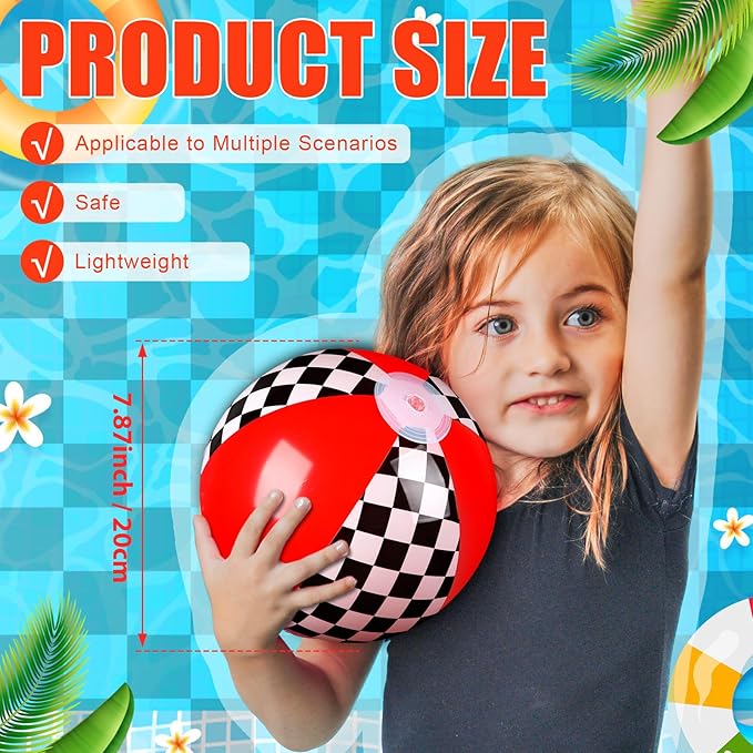 12 Pack Black and White Checkered Flag Themed Beach Ball for Kids 7.87" Bulk for Summer Pool and Beach Game Gifts Race Car Birthday Party Supplies and End of The Year Class Decorations Favor