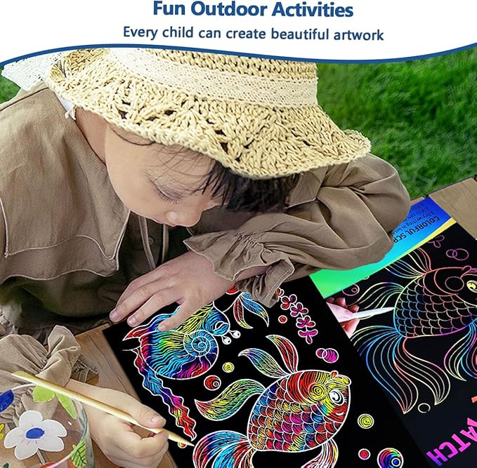JUNQIU Scratch Art for Kids, Rainbow Scratch Paper Art Set - Ocean, Arts and Crafts for Girls Boys Ages 4-8, Kid Activity & Christmas Crafts, Stocking Stuffers for Kids