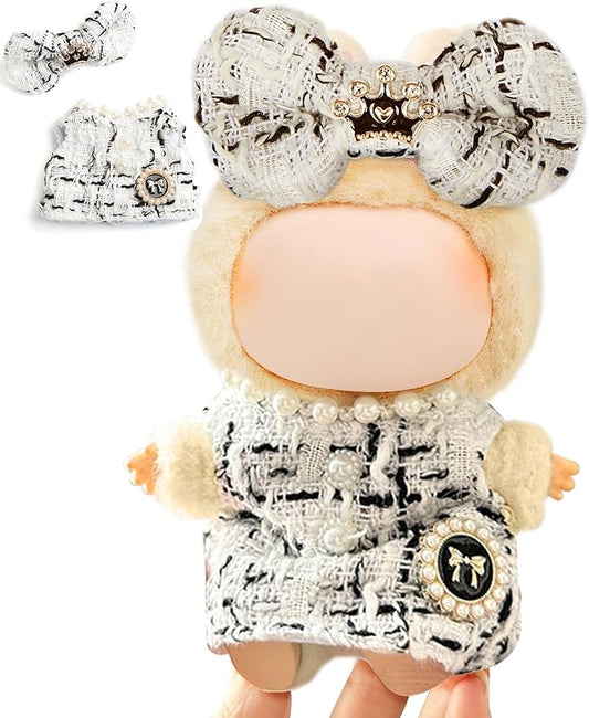 17cm Doll Clothes for Labubu - Luxury Chic Style Set for 17cm Dolls Outfit - Accessories for Dolls Clothes -White Plaid Tweed Dress + White Bow (No Doll)