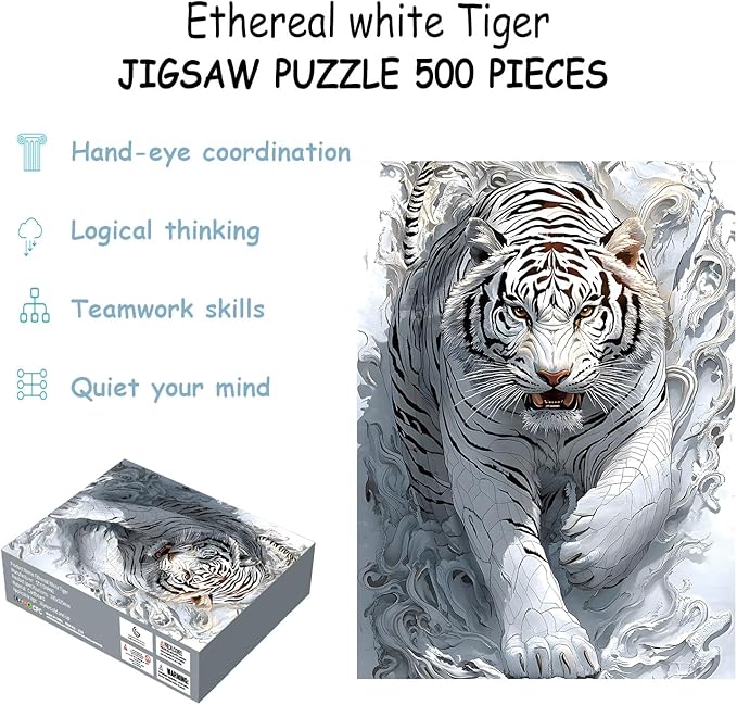 Puzzles for Adults 500 Pieces, Tiger Jigsaw Puzzles - Ethereal White Tiger, Impossible Tiger Puzzle for Seniors Families, 20.47x14.96 inches, 1:1 Poster, Letter on The Back
