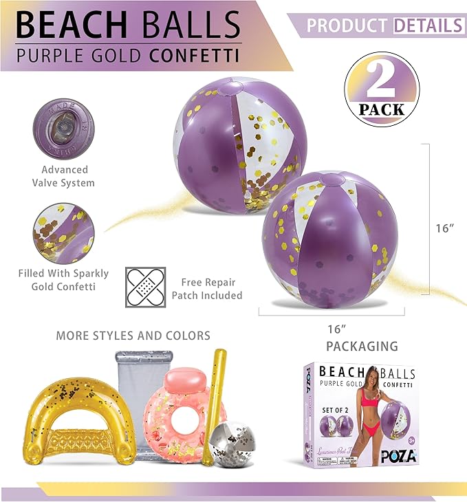 POZA Inflatable Beach Balls - Elegant Glitter Confetti Premium Floaters, Heavy Duty Vinyl Floatation Pool Toys for Pool Beach Party, UV Resistant Pool Décor
