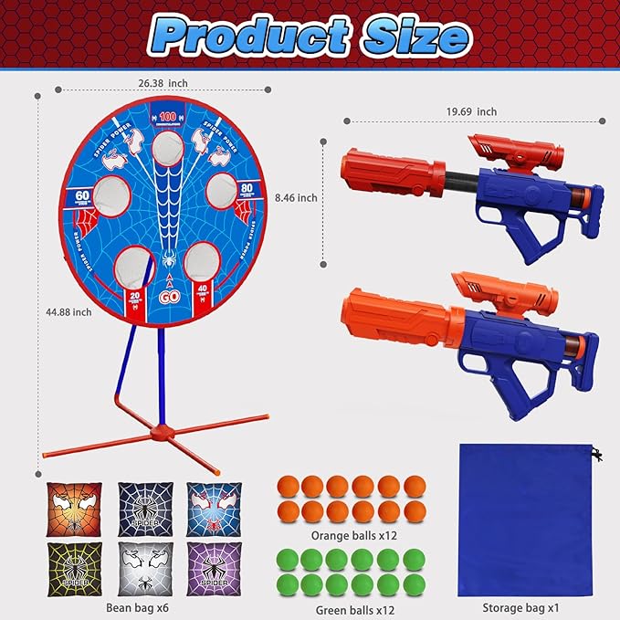 Spider Upgraded 2-in-1 Shooting Games Toys: Rotating Target, 2 Air Blasters & 24 Foam Balls, Bean Bag Toss Game for Kids, Indoor Outdoor Yard Party Games for Boys Girls 4 5 6 7 8 9 10+ Year Old Gift