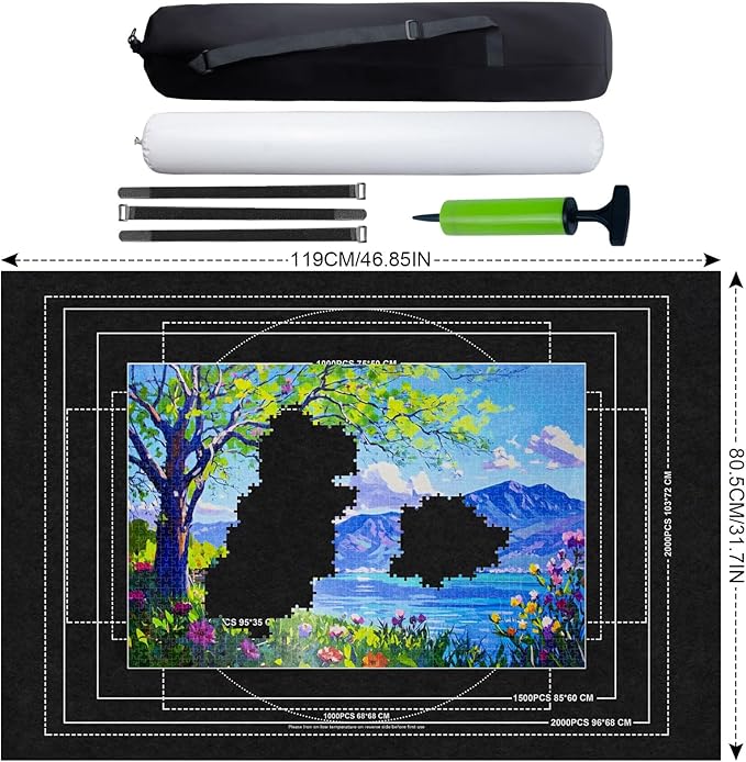 Jigsaw Puzzle Mat Roll Up with Storage Bag & 8 Sorting Trays, Air Pump System & Portable Puzzle Board & Saver for Up to 2000 Pieces, Felt Mat for Travel