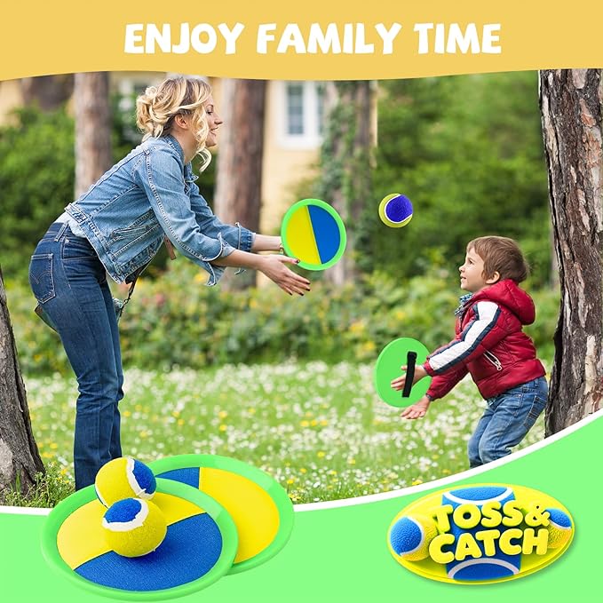 Outdoor Games - Beach Toys, Toss and Ball Set with 4 Paddles and 3 Balls, Perfect Yard Games Sets, Playground Sets for Backyards Easter Basket Stuffers for Kids/Adults/Family
