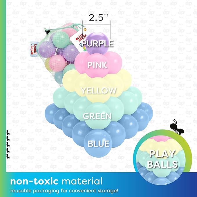 Antsy Pants 100 Ball Pit Balls, Ball Pit for Toddlers 1-3, Non-Toxic Materials, Lightweight, 5 Pastel Colors, Reusable Storage Bag, Plastic Balls for Ball Pit, Sensory Toys for Kids