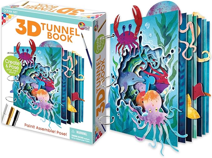 EyeConnect Crafts DIY 3D Tunnel Book Kit – Creative STEAM Art & Craft Set for Kids & Teens, Build, Paint & Make Your Own Book with Posable Interactive Animals & Characters (Ocean)