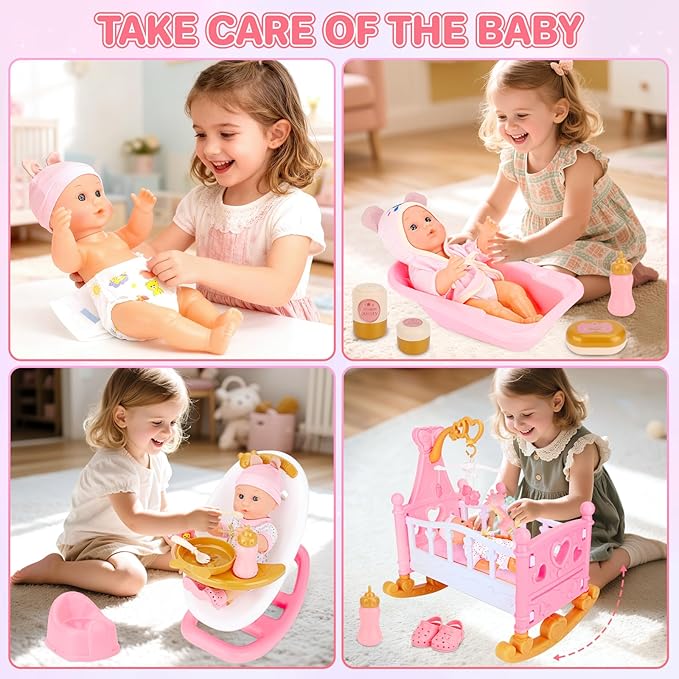 deAO Baby Doll Set Baby Doll Accessories 25Pcs Dolls Care Toy Play Set with Crib,High Chair,Milk,Bottle,Pacifier,Diaper Christmas Birthday Gift for Kids 3+ Years Old
