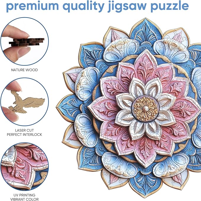 Reouinty Wooden Puzzle for Adults, Mandala Wood Puzzles 200 Piece, Jigsaw Puzzles Home Decor, Natural Puzzle Unique Shape Adult Puzzles, Puzzle Creative Gift for Adults 11.2 x11.2 in